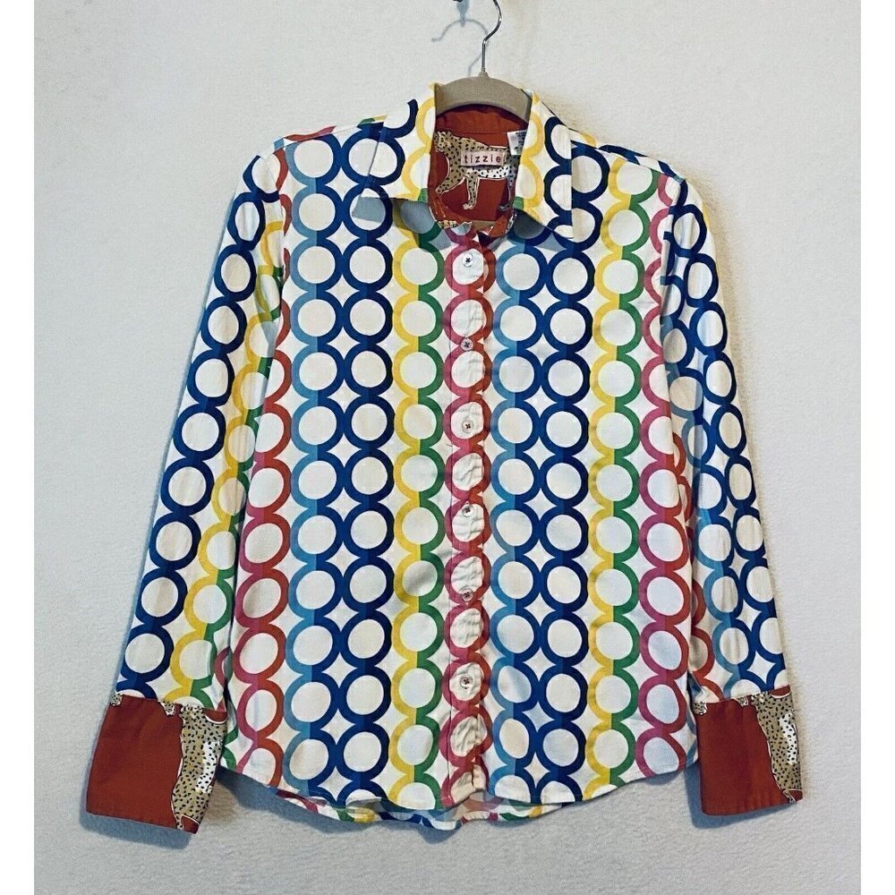 Tizzie Top Womens Small Colorful Geometric Cheetah Long Sleeve Button Up Artsy